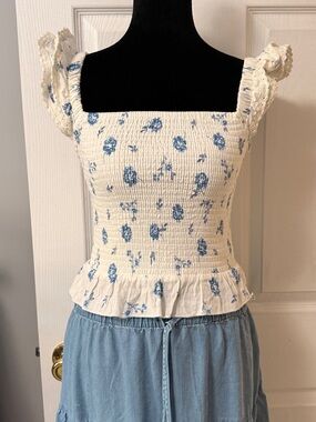 Kirious LA Blue Floral Smocked Tank Lace Strap Peplum Cottagecore Top M